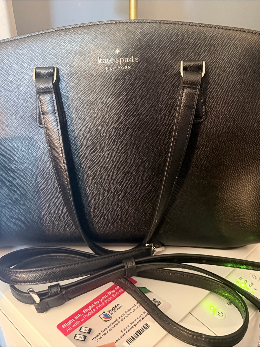 kate spade Black Saffiano Leather Tote with Gold Logo